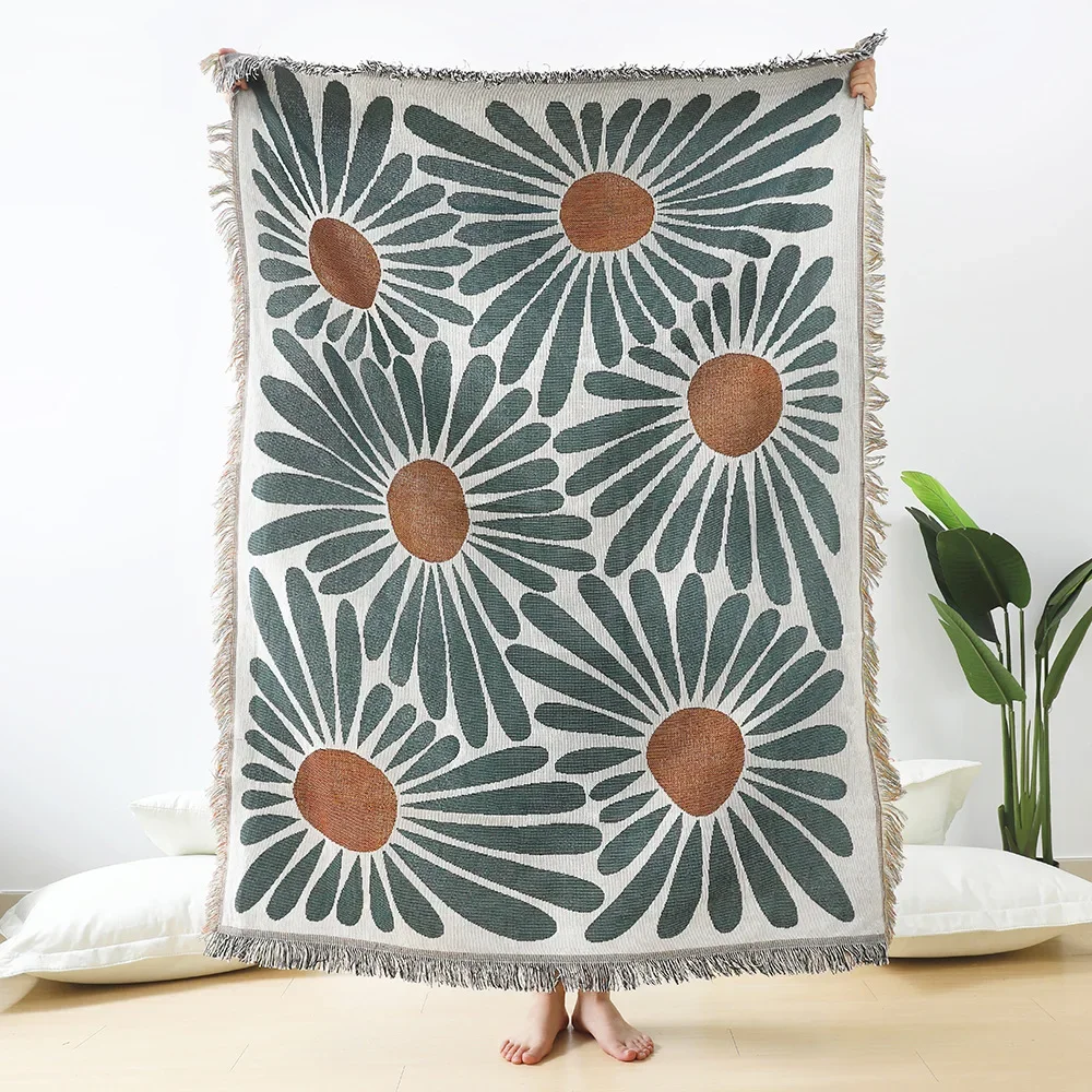 Floral Daisy Pattern Woven Throw Blanket Wall Carpet Sofa Bed Room Decor Tassel Thread Blanket Large Throw Tapestry Picnic Mat