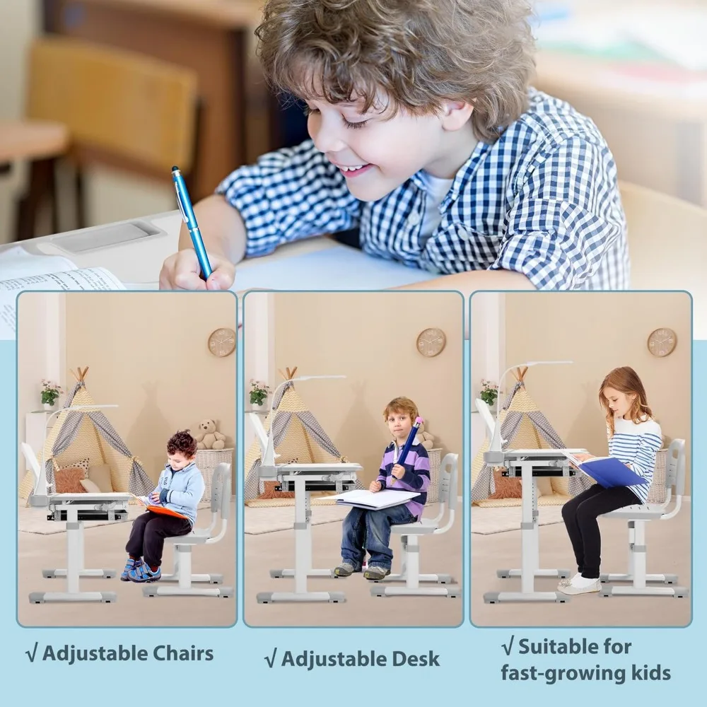 Conjunto de mesa e cadeira infantil Mesa e cadeira de estudo escolar com altura ajustável com 55 °   Desktop inclinável, 3 modos e 3 lâmpadas LED de brilho