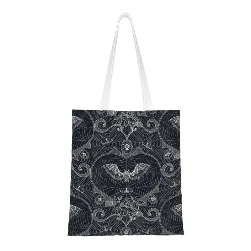 Halloween Witch Bats Groceries Shopping Bag Printing Canvas Shopper Shoulder Tote Bag Portable Gothic Halloween Lace Handbag