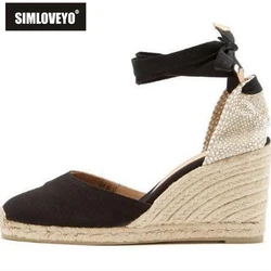 SIMLOVEYO Canvas Spring Ladies Shoes Ankle Strap Espadrille Sandals Wedges Heel Flax Hemp Big Size 35-43 Red Black Beige S2974