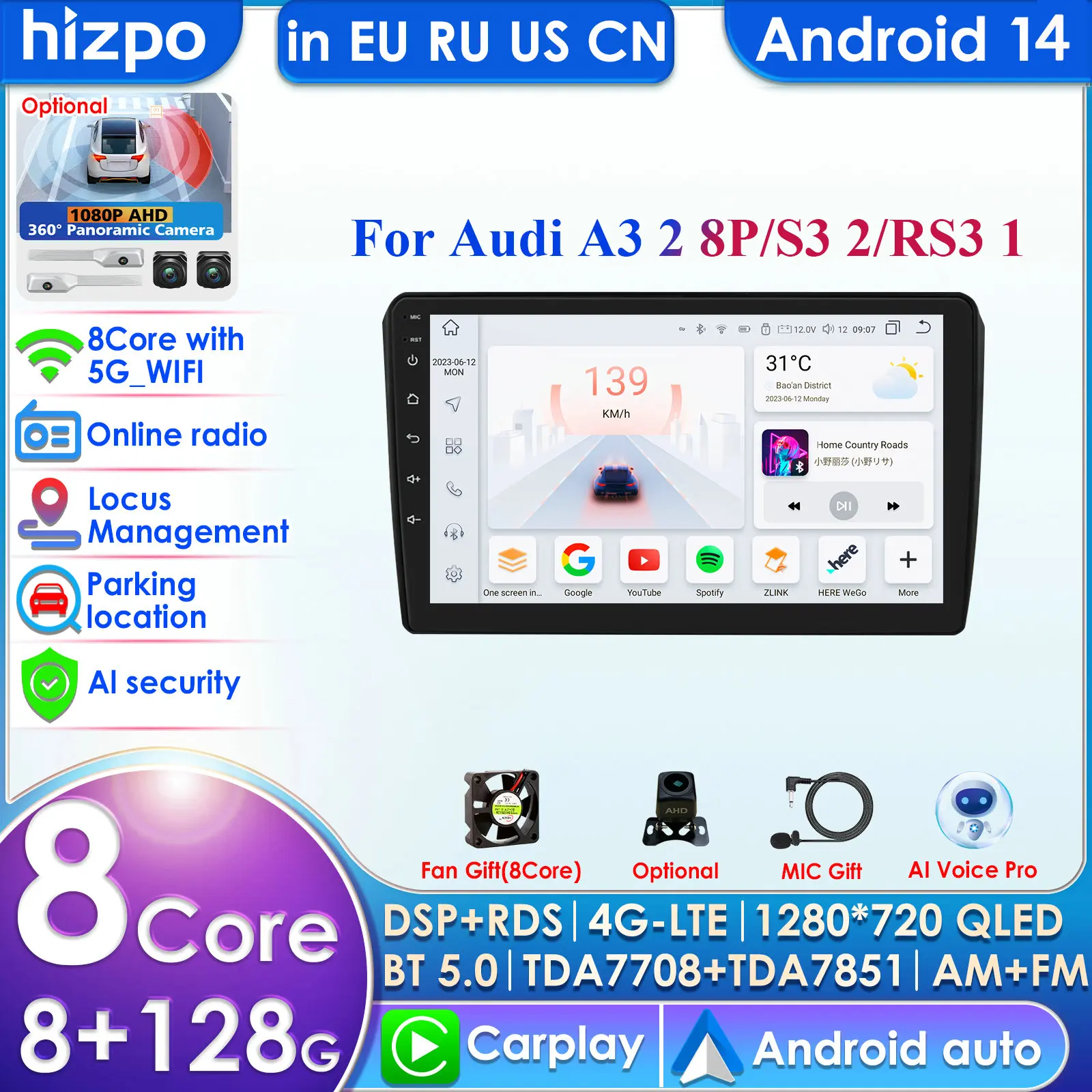 Hizpo Carplay 4G 360 Камера Android 14 Автомобильный радиоприемник для Audi A3 8P 2003-2011 S3 RS3 Sportback Мультимедийное видео GPS 2din Авторадио