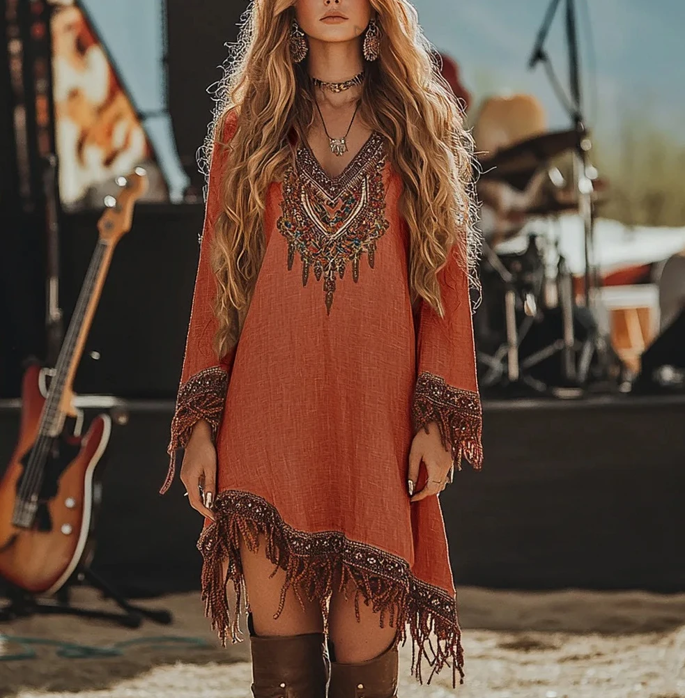 Vestido bohemio con borlas bordadas, cuello en V, manga larga, varios colores, dobladillo asimétrico, minivestido para festivales e informales