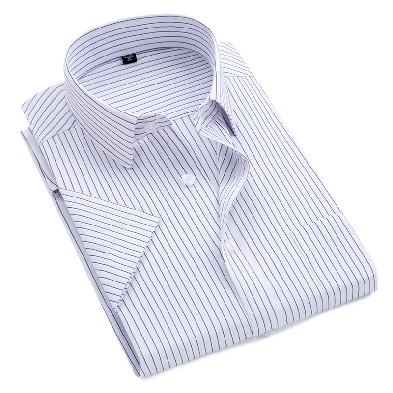 Summer S~8xl Men's Striped Short Sleeve Dress Shirt Square Collar Non-iron Regular Fit Anti-wrinkle Pocket Male Social Shirt