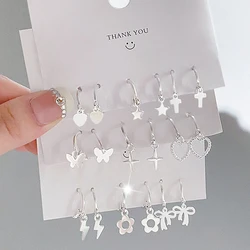 KISSWIFE Cute Silver Color Earrings Set For Women Girls Heart Butterfly Star Cross Lightning Hoop Earring Punk Jewelry Party New