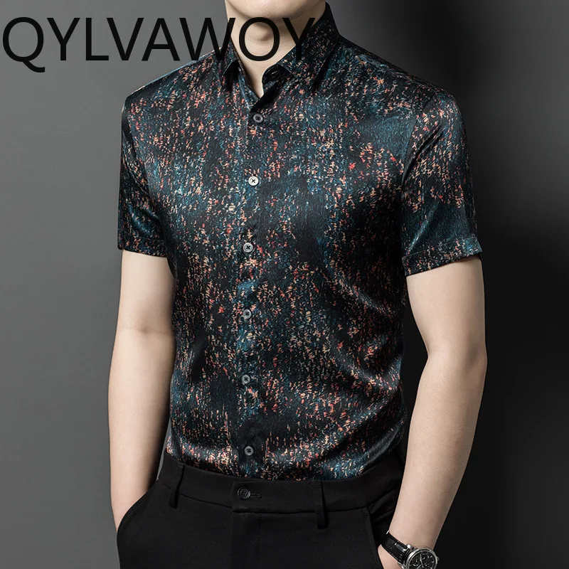 QYLVAWOY 92%Real Mulberry Silk Men's Shirts Printed Tops Short Sleeves Shirt Satin High-end Lapel Shirts for Men Business Casual
