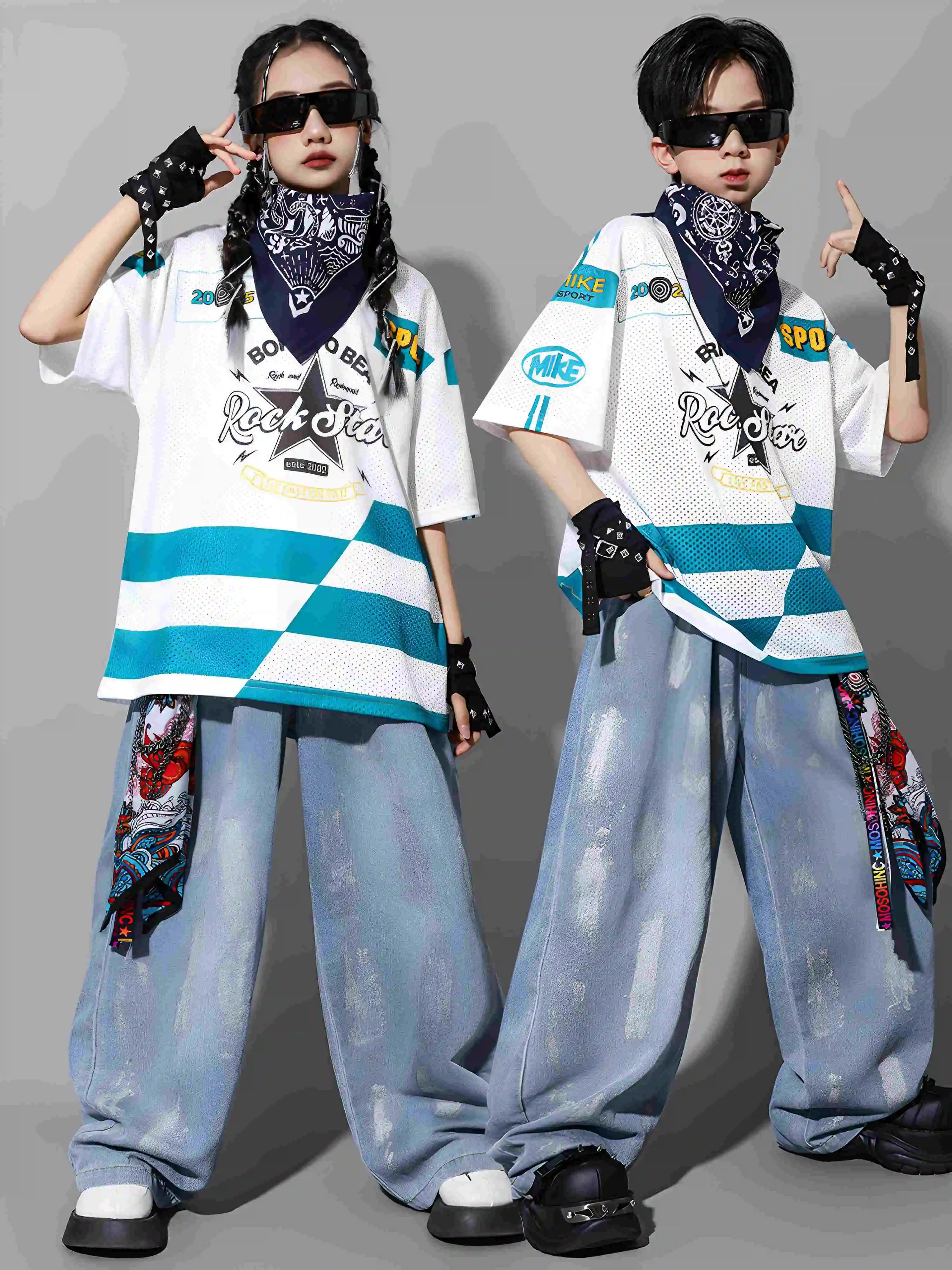 

Boys Sport Hip Hop Clothing Short Sleeves T Shirt Summer Jeans Girls Jazz Practice Clothes Poppin Dance Performance Suit BL16404
