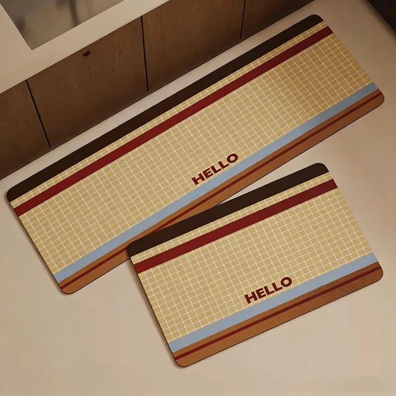 Kitchen Rug Long Strip Carpet Waterproof PVC Leather Rugs Retro Yellow Checkered Mat Oil-proof  Non-slip Floor Mats Home Decor