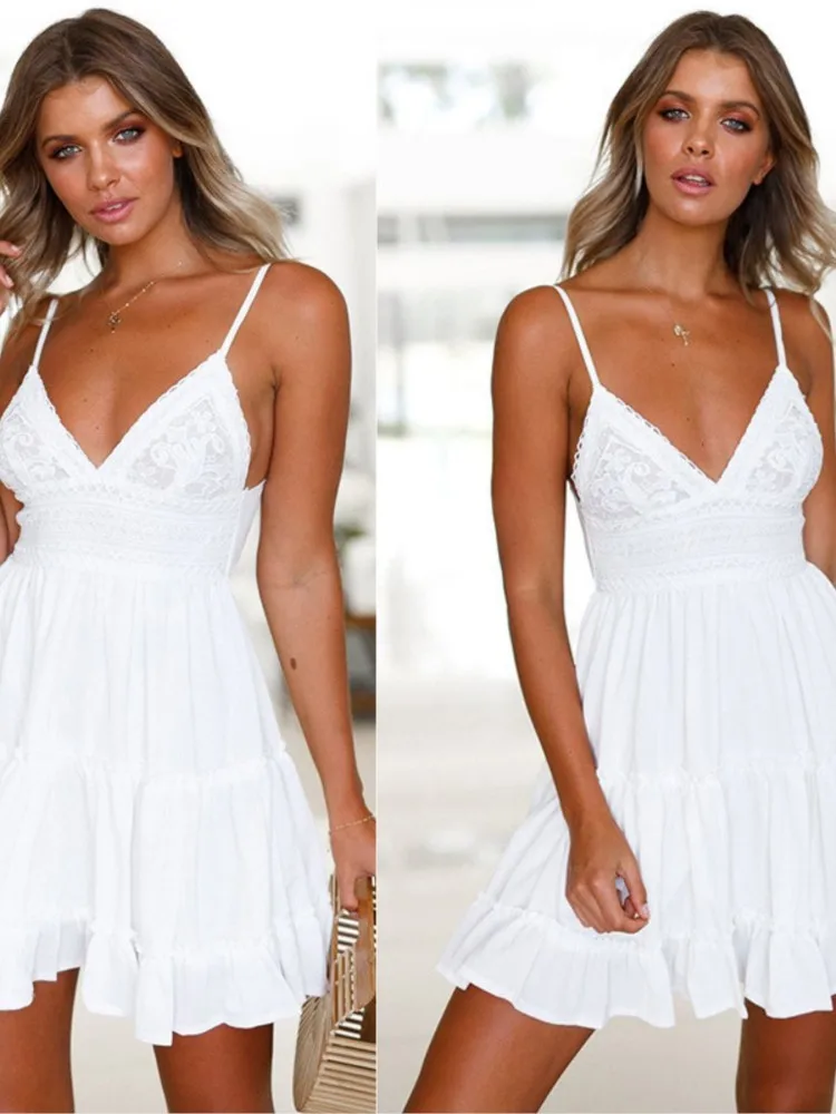 Summer Sexy Spaghetti Strap Women's Dress Fashion White Elegant Casual Mini Beach Party Dresses For Women Robe Femme