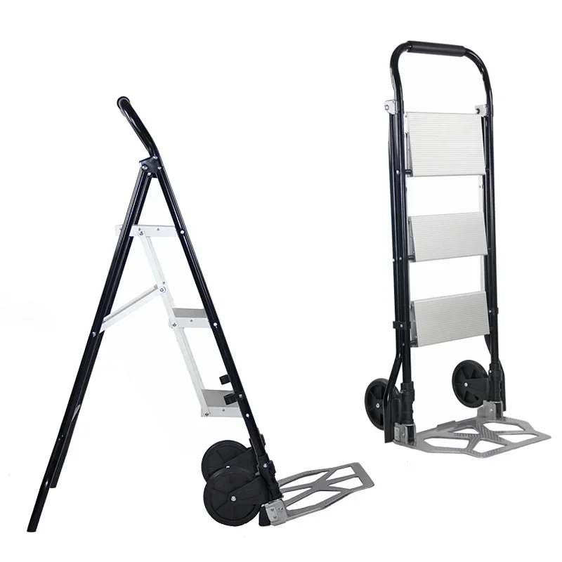 Folding Trolley with Ladder 2 in 1 with 3 Step Wide Non-slip Treads Load Aluminum Portable Steel Trolley