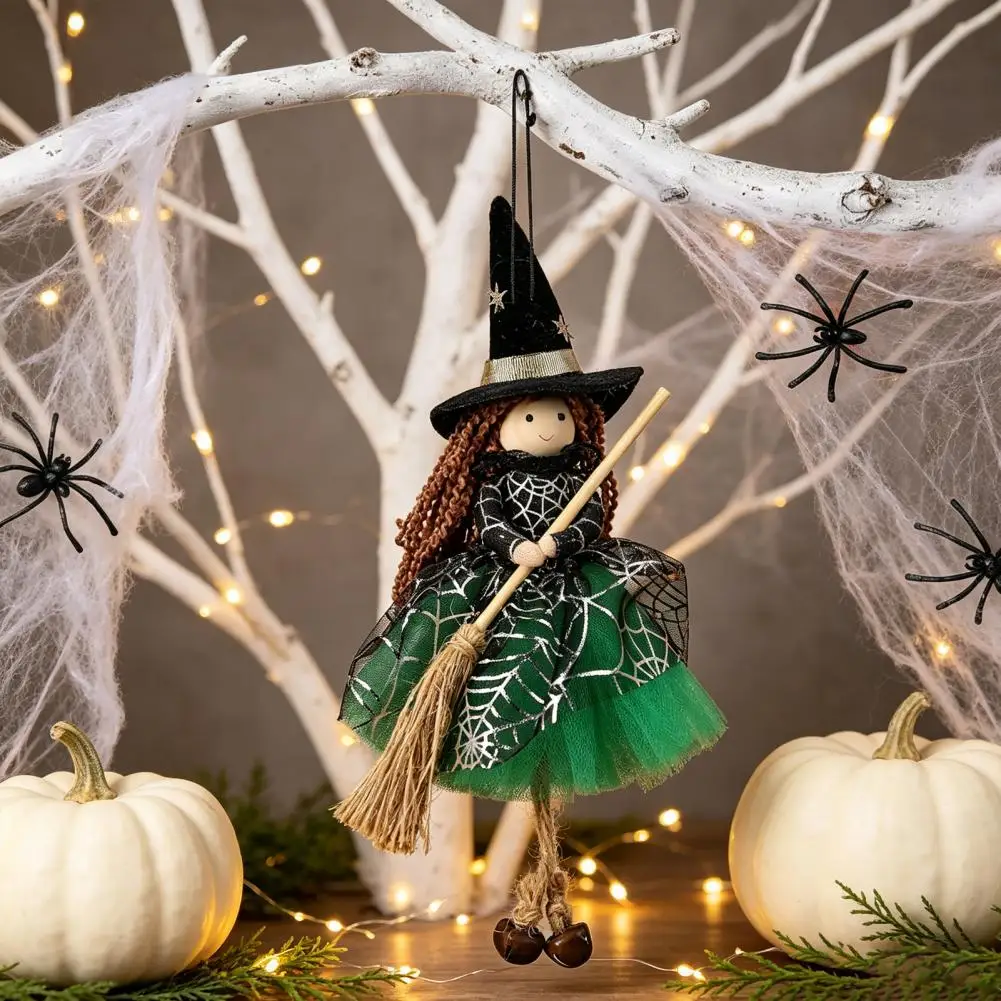 Witch Doll Decoration Halloween Witch Doll with Broom Small Hanging Witch Figurine Gauze Skirt Decor for Haunted House Door