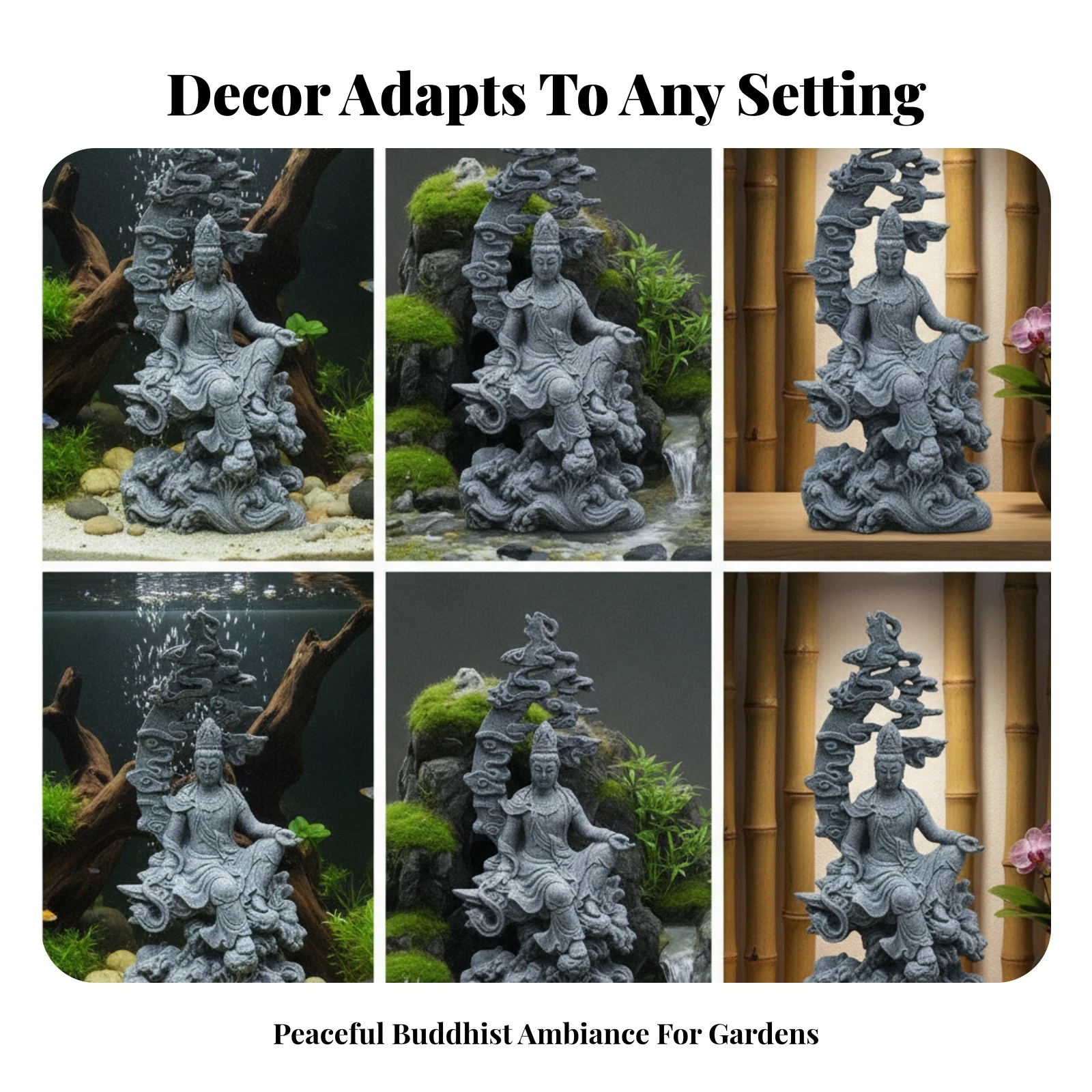 Statue de Bouddha gris ardoise avec base texturée, figurine sculptée en pierre, design serein pour bonsaï