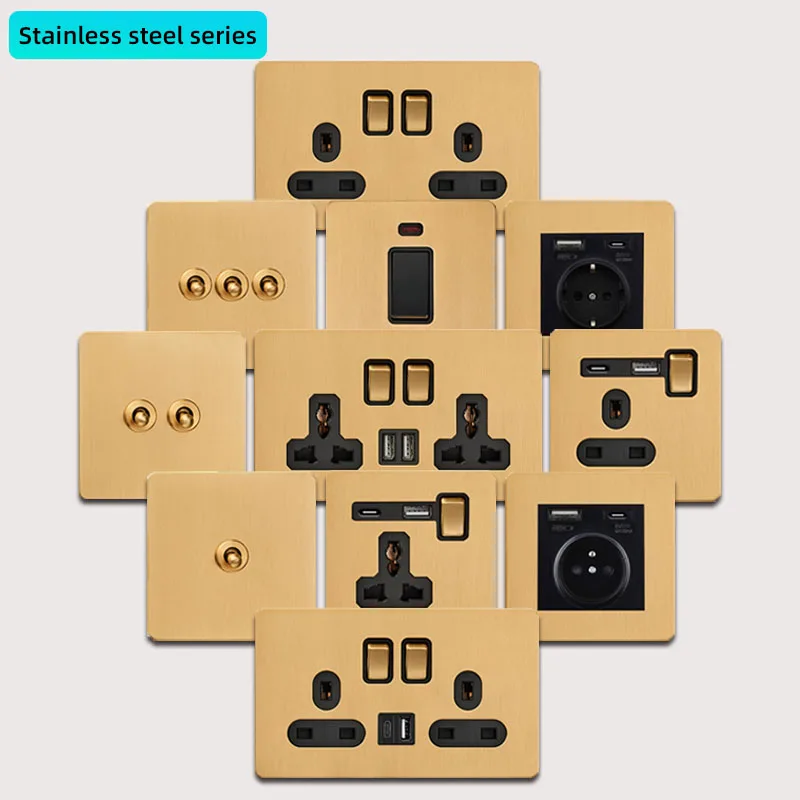 

Wall lamp toggle retro switch panel gold brushed stainless steel UK13A power socket with USB C charging universal power socket
