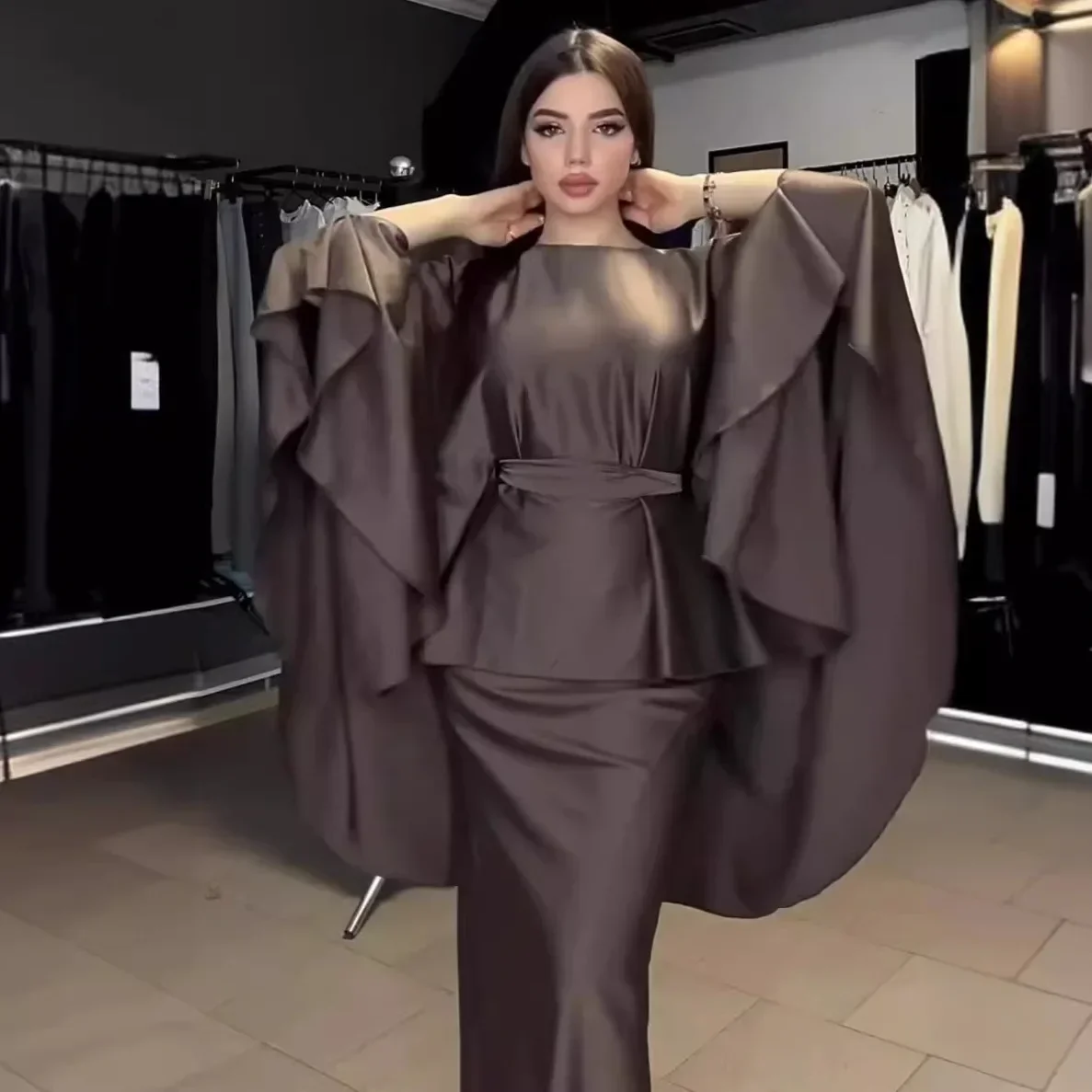 

Женский осенний новый модный однотонный темпераментный элегантный топ из двух частей с круглым вырезом и нерегулярными рукавами «летучая мышь» + длинная юбка до половины тела