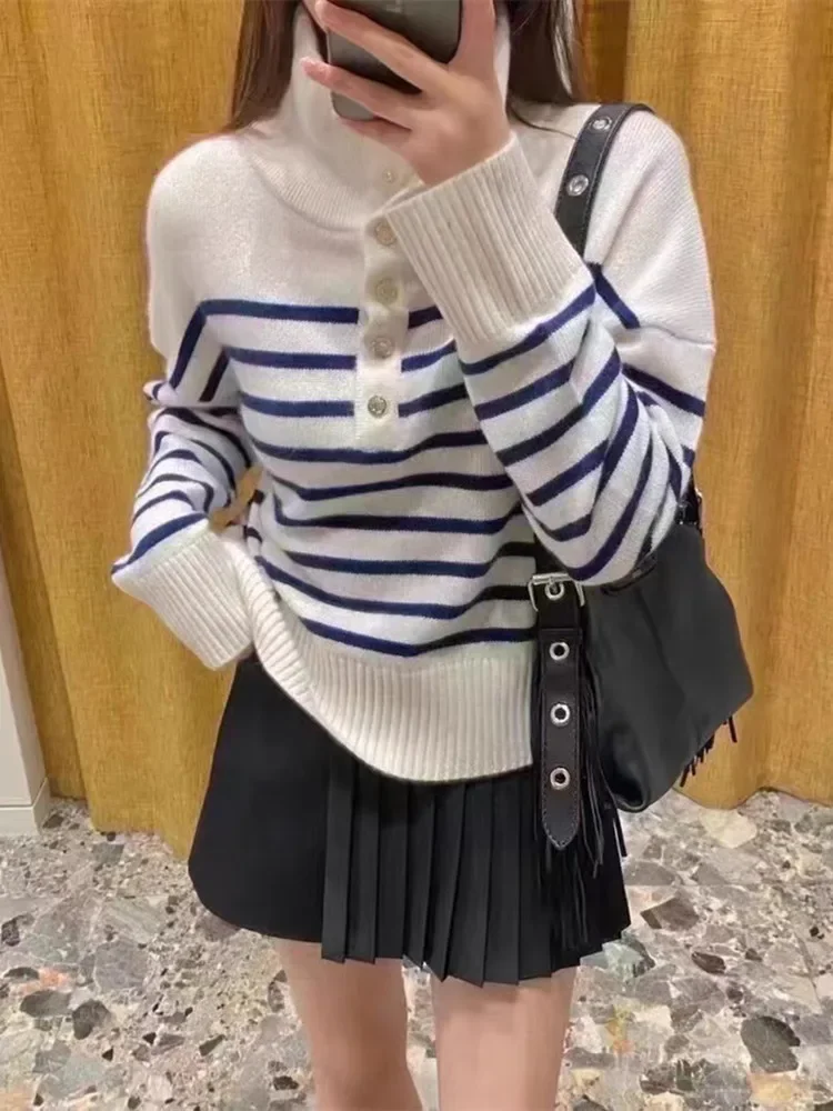 Women Front Buttons Sweater Striped Turn-down Collar Long Sleeve Loose Spring 2024 Knitted Pullover