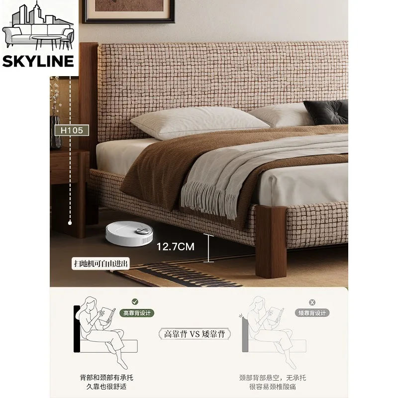 Beech Rib Frame Vintage Soft Bed, 1.8m Double Solid Wood Fabric Bed for Master Bedroom