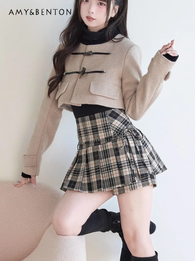 

Японское милое шерстяное пальто с круглым вырезом и длинными рукавами на пуговицах с рогами, массовое производство, свободное короткое пальто для женщин, осень-зима