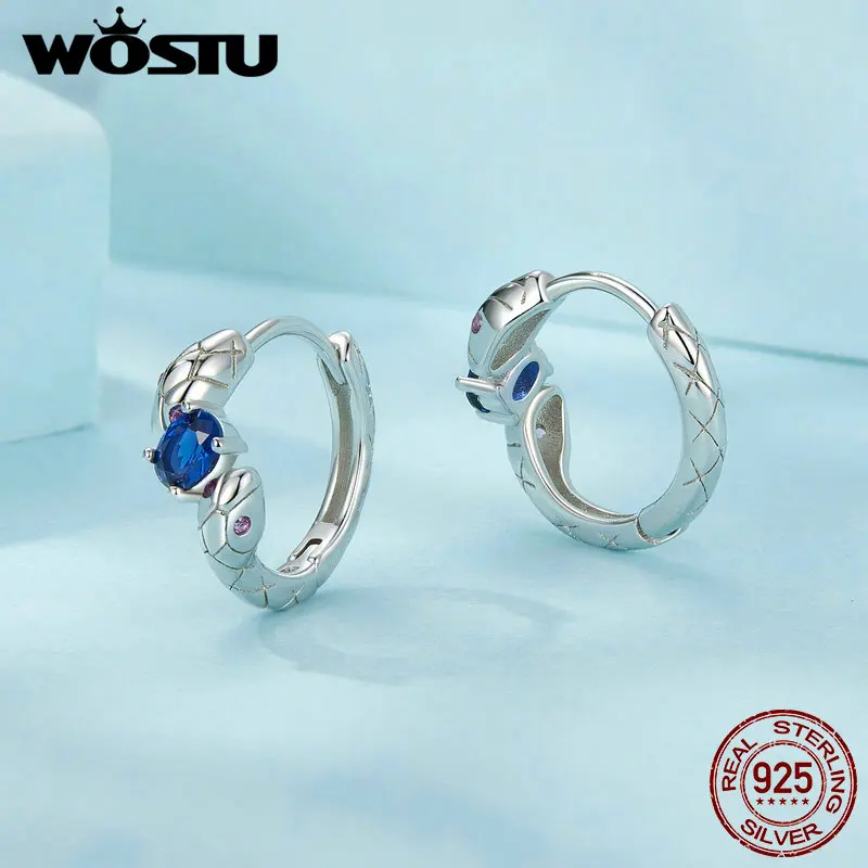 WOSTU 925 Sterling Silver Serpent Hoop Earrings Vintage Ear Buckles with Blue CZ Fine Jewelry For Women Party Daily Gift 10.5mm