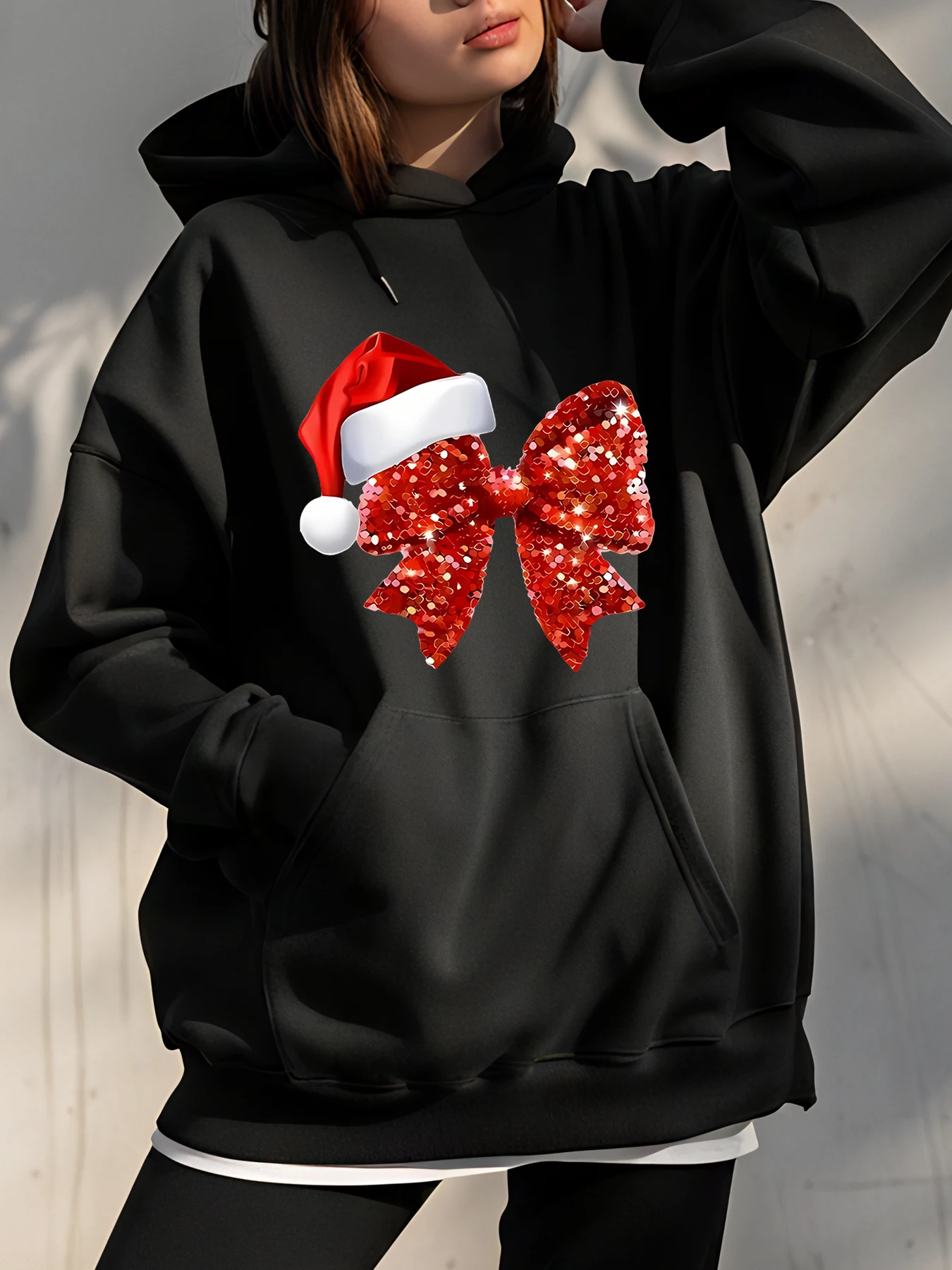 Kersthoodie Kerstmuts Glitter Strikprint Dames Casual Wintersweatshirt Mode Vakantie-outfit voor dames