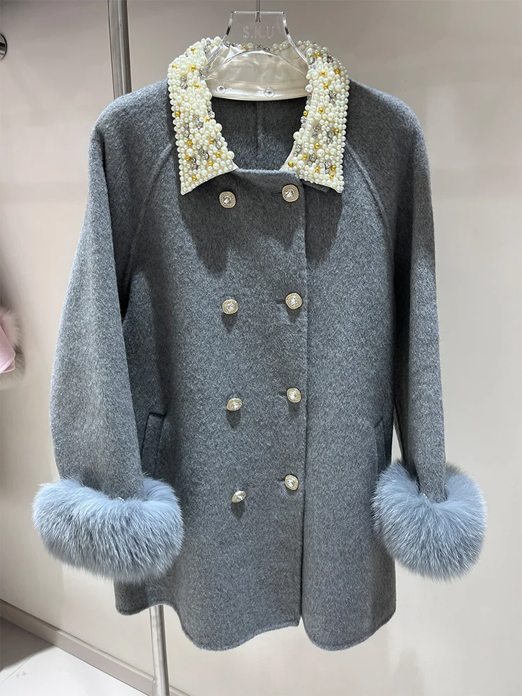 2025 New Winter Women Real Fox Fur Wool Woolen Coat Natural Fox Fur Collar Jacket Ladies Outerwear Streetwear