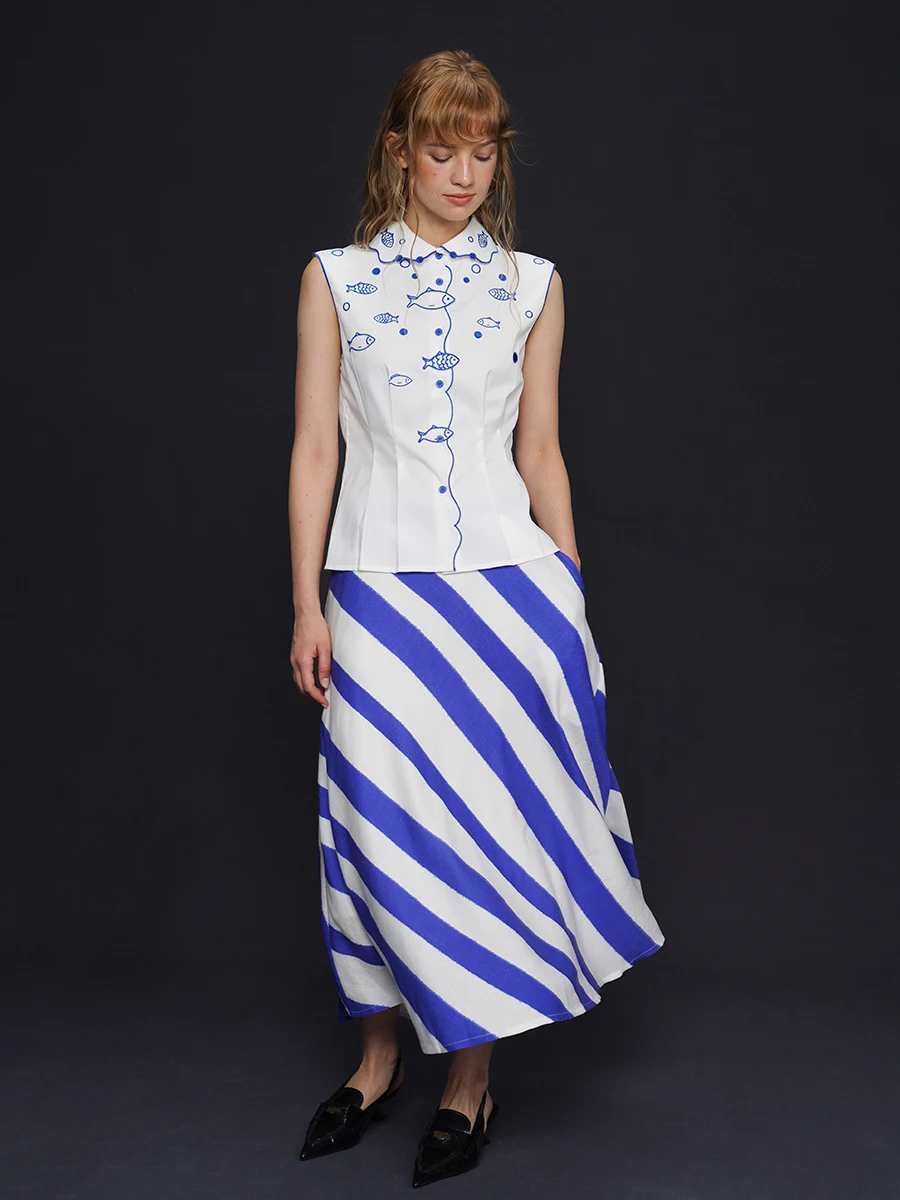 Sommer-Hemd mit Fischgräten-Stickerei für Damen, elegantes Oberteil für Damen