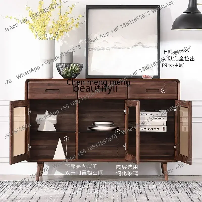 X A Black Walnut Wood Sideboard Cabinet Wine Cabinet Integrated Nordic Solid Wood Living Room Wall Dining Room Tea Cabinet Cupbo