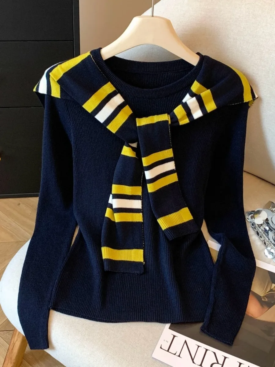 

Slim Fit Long Sve полосатый вязаный свитер с запахом на плечах, женский ранний осенний маленький ence, самосохраняющий дизайн Sle