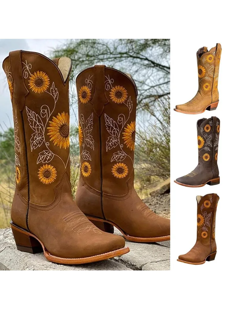 Nowe damskie buty z haftem kawowo-brązowym PU skórzane nadruki Western Cowboy Boots Deep V-mouth High Tube Casual Boots rozmiar 35-43 — zdjęcie 2