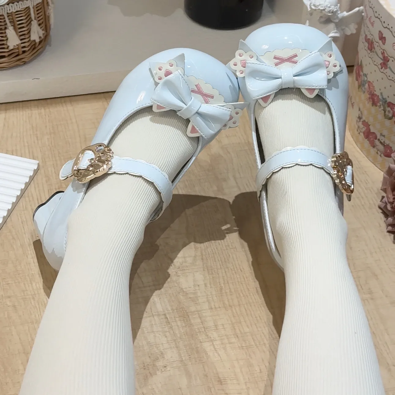 Patent Leather 1.5cm Low Wedge Heel Kawaii Shoes for Women Lolita Cat Paw Bow Cat Head Heel Cute Sweet Women's Shoes view 4