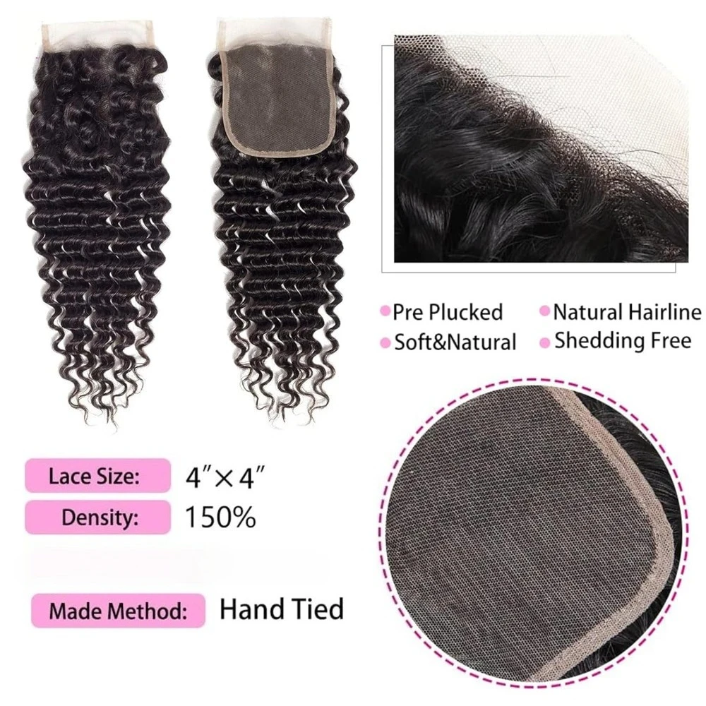 4x4 5x5 딥 웨이브 레이스 클로저 인모 투명 레이스 클로저 프리 플러킹 프리 파트 100% 브라질리언 버진 인모