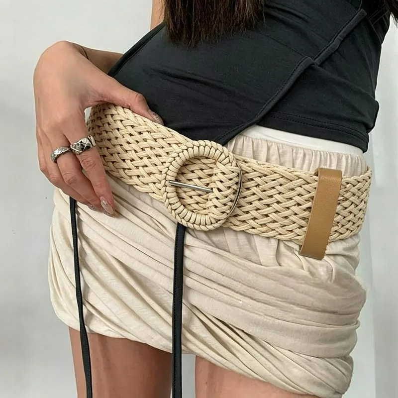 Bohemia Braided Waist Belt for Women Jeans Skirt Handmade Vintage Round Wooden Smooth Buckle Fake Straw Wide Belts Waist Strap