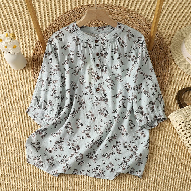 Lightweight Comfortable Floral Print Loose Cotton Linen Shirt Thin Short Sleeve Overhead Top Quality Mommy Wear Summer Fashion