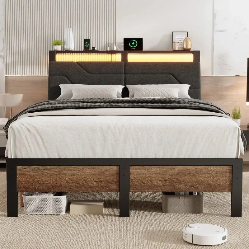 

Queen Bed Frame with Headboard and LED Lights, Ergonomic Upholstered Queen Platform Bed Fame with Charging Station & Storage