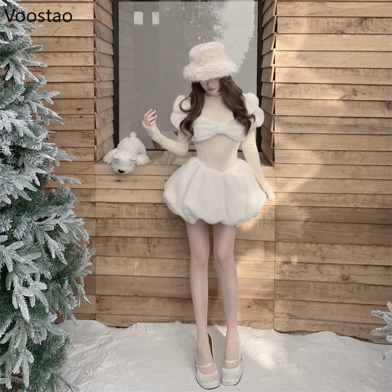 Autumn Winter Sweet Lolita Style Dress Women Casual Plush Patchwork Elegant Bodycon Mini Dress Y2k Korean Fashion Party Dresses