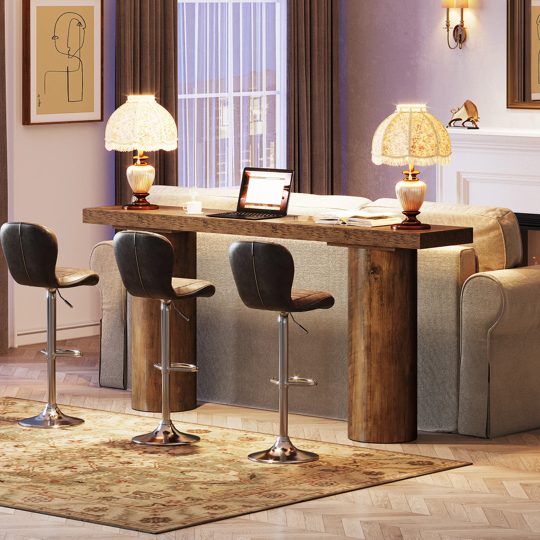 Tribesigns 63" Long Bar Table, Rectangle Kitchen Counter Height Table with Pillar Legs, Narrow Bar Height Pub Table Behind Couch