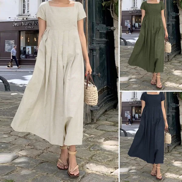 

2025 New Cotton and Linen Long Dress Big Swing Sun Dress Short Sleeve Square Neck Elegant Casual Long Dress European American