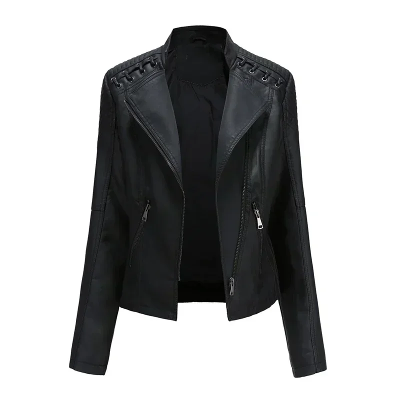 Otoño Invierno Pu chaquetas de cuero de mujer de manga larga con cremallera delgada motocicleta Biker abrigo de cuero suelto prendas de vestir femeninas Tops 4X