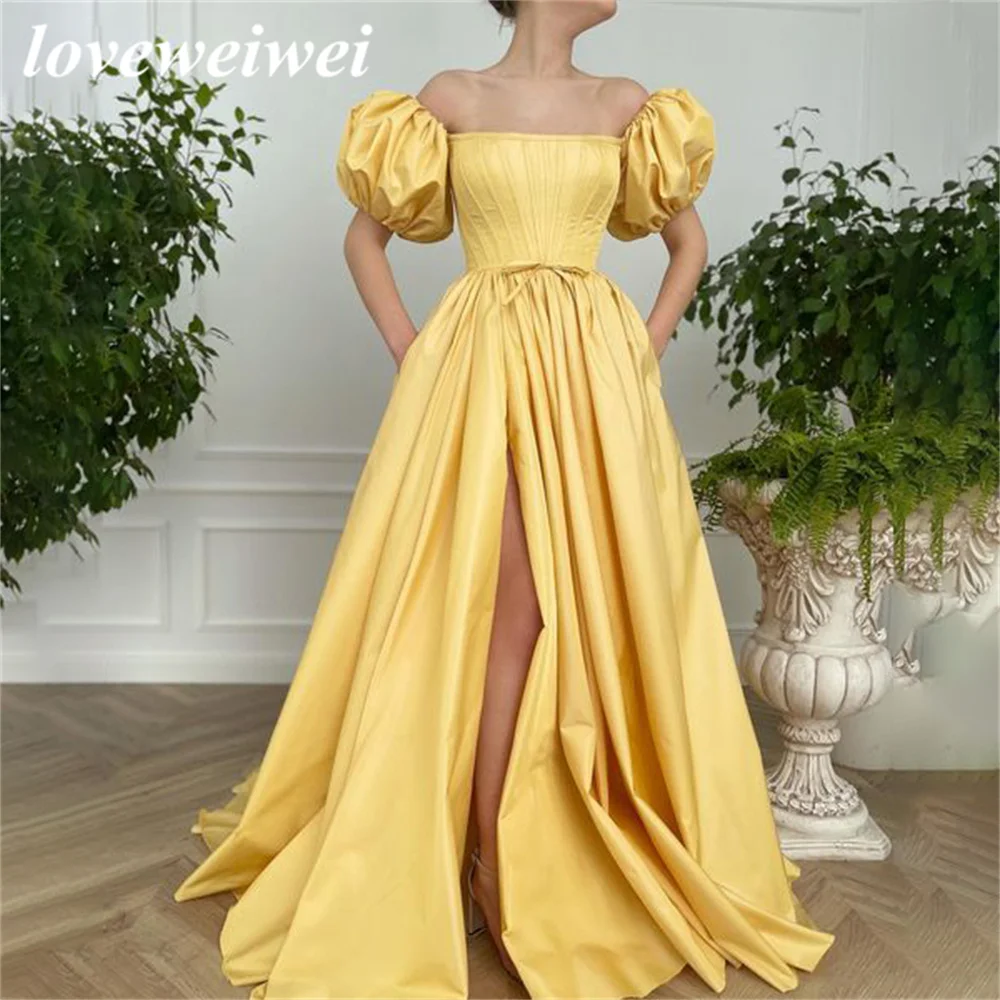 

Yellow Lace up Back Evening Dress Stain Prom Dresses High Split Party Gowns Puffy Sleeves Celebrity Dress vestidos de fiesta