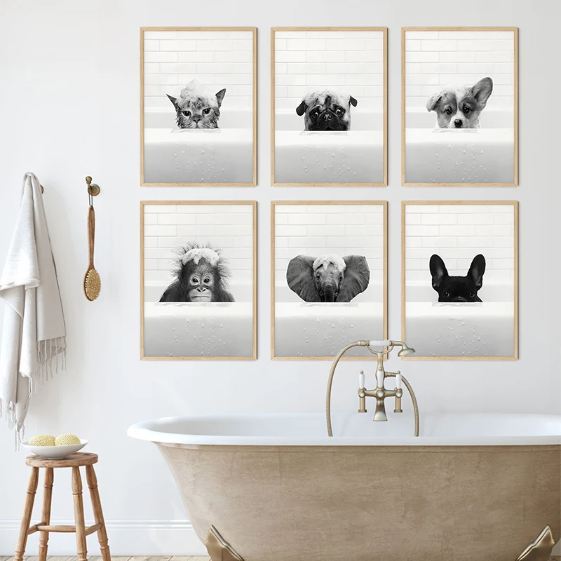 New Arrival Black White Animals In Tub Bathroom Wall Art Canvas Painting Posters and Prints Wall Pictur for Room Decor One Piece