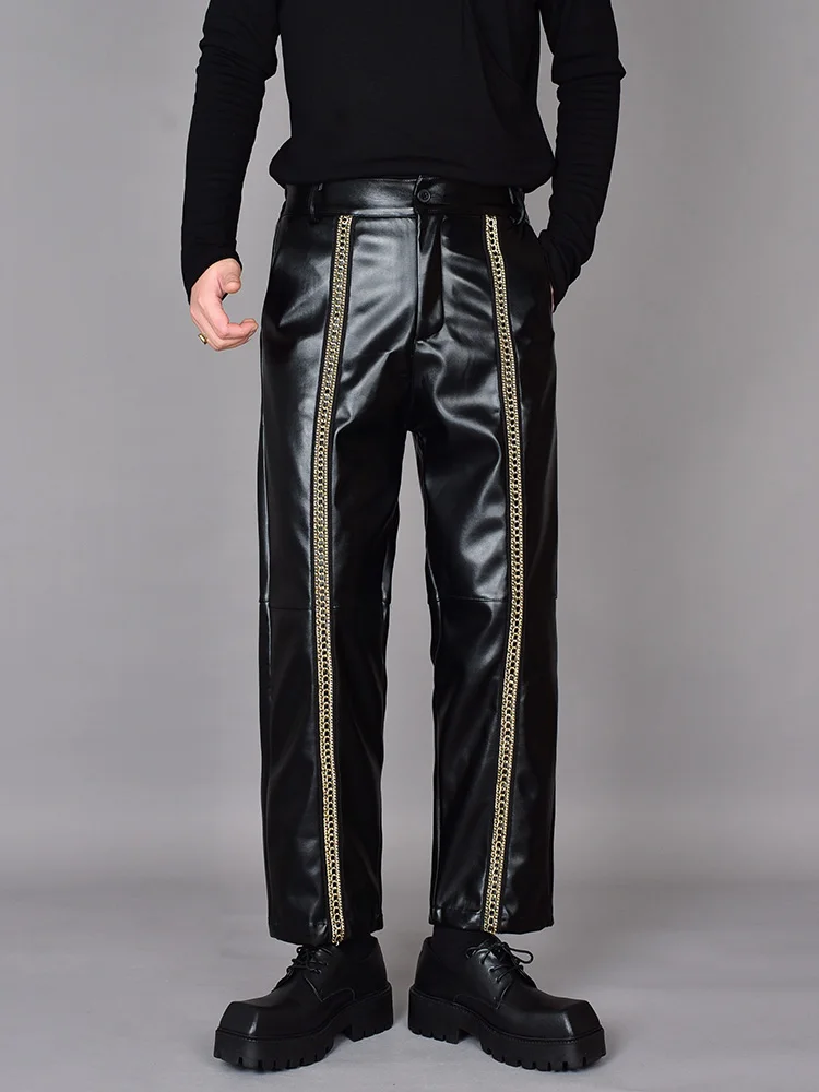 High Street Dark Personality Splicing Niche Design Casual Straight Leather Pants Autumn Loose Wide Leg nine-minute Pants