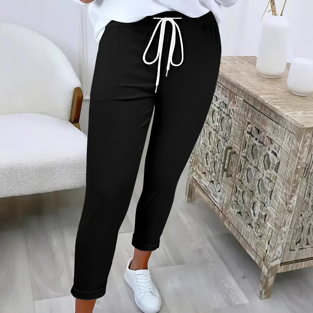 Women's Solid Color Tapered Pants Drawstring Elastic Waist Ankle Cuff Trousers Capri Pencil Pants Casual Chic Versatile Bottoms