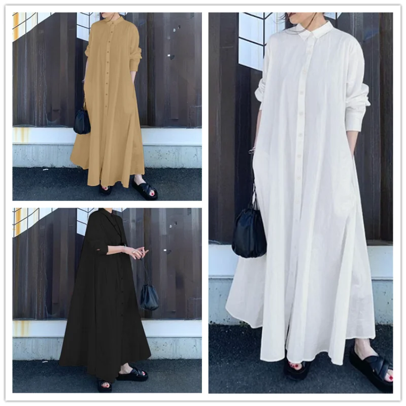 

2025 NEW Muslim Abayat Dress Women Cotton and Linen, Commuter Temperament Abayas Simple Versatile Lapel Long Sleeve Loose Shirt