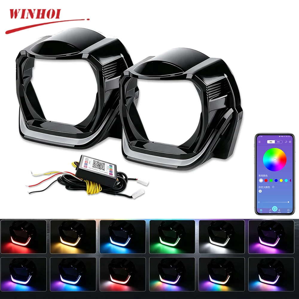 Square 3 Inch Led Projector Shrouds RGB with Turn Signal 12V Car Dynamic DRL Lens Mask with Angel Eyes Car Retrofit APP Control