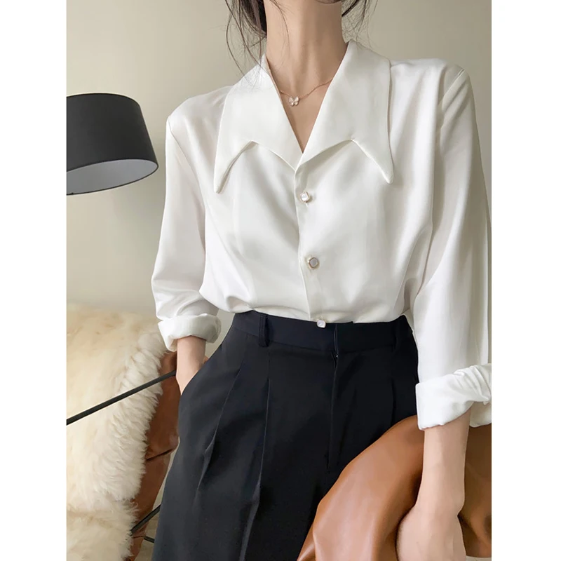 

Elegant White Pointed Collar Chiffon Shirt Women's Spring Autumn Professional Fashionable Office Commute Style Korean Version