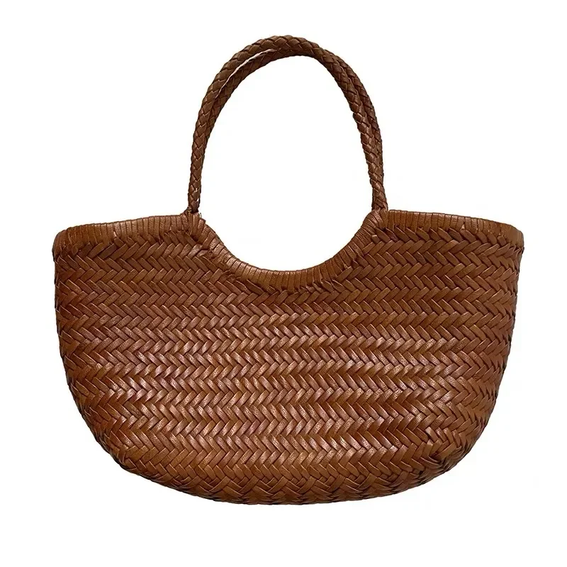 Genuine leather handwoven vegetable basket tote bag French retro style women’s vacation accessory crafted from imported view 5