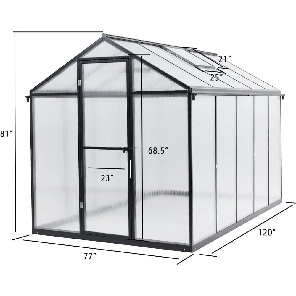 6' X 10' Walk-in Polycarbonate Greenhouse with Heavy-Duty Aluminum Frame, 2 Vent Windows & Lockable Door