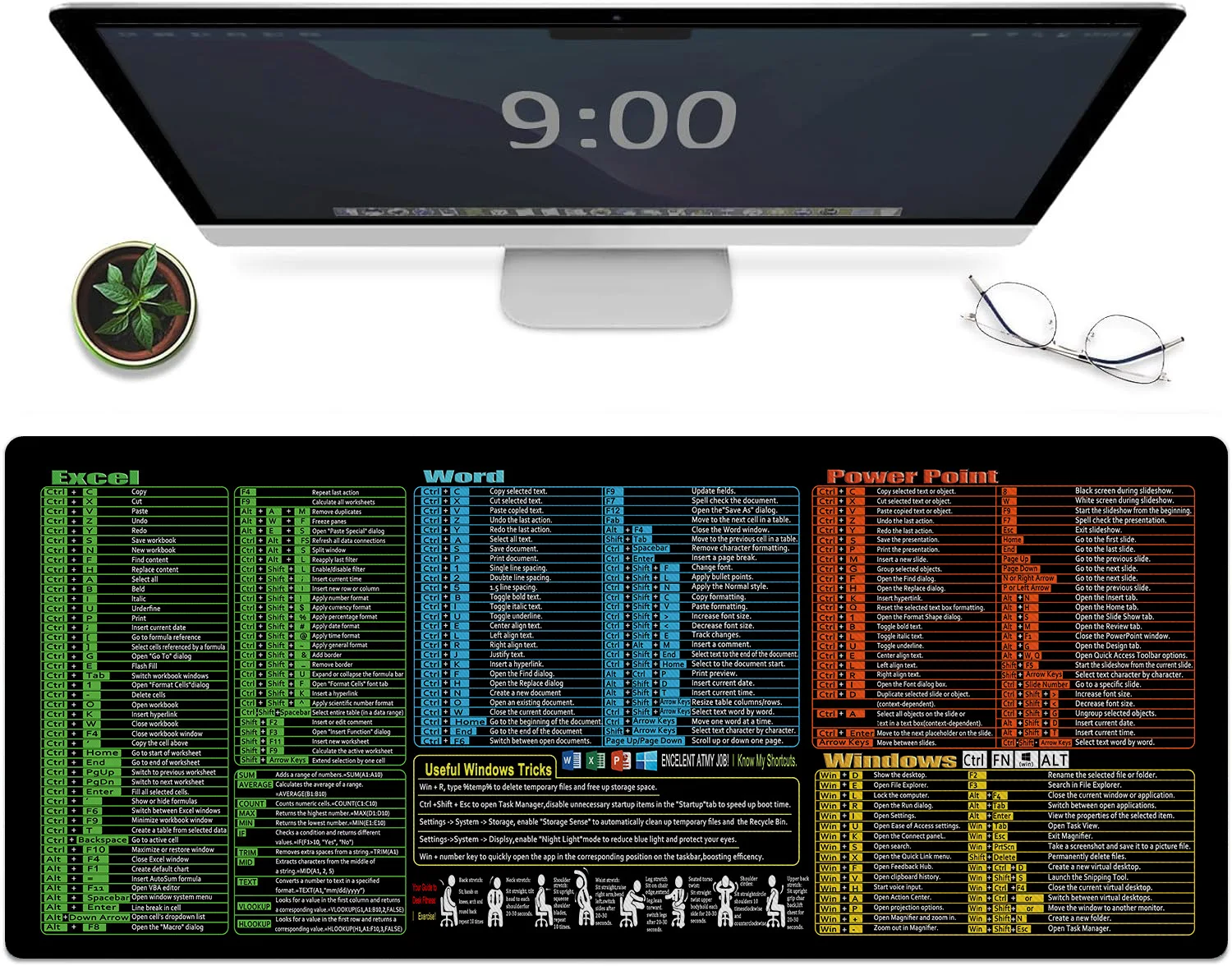 لوحة ماوس Excel/Word/Power Point/Windows XXL، حصيرة مكتب كبيرة غير قابلة للانزلاق لألعاب المكتب أكثر من 200 لوحة ماوس اختصارات لوحة المفاتيح #3
