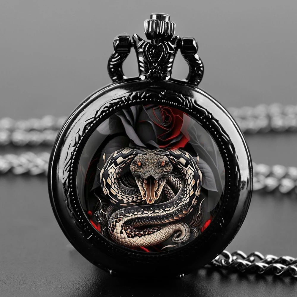 Furious Snake Inspired Design Black Quartz Pocket Watch with Durable Chain Arabic Numeral Time Display for Men and Women Gifts