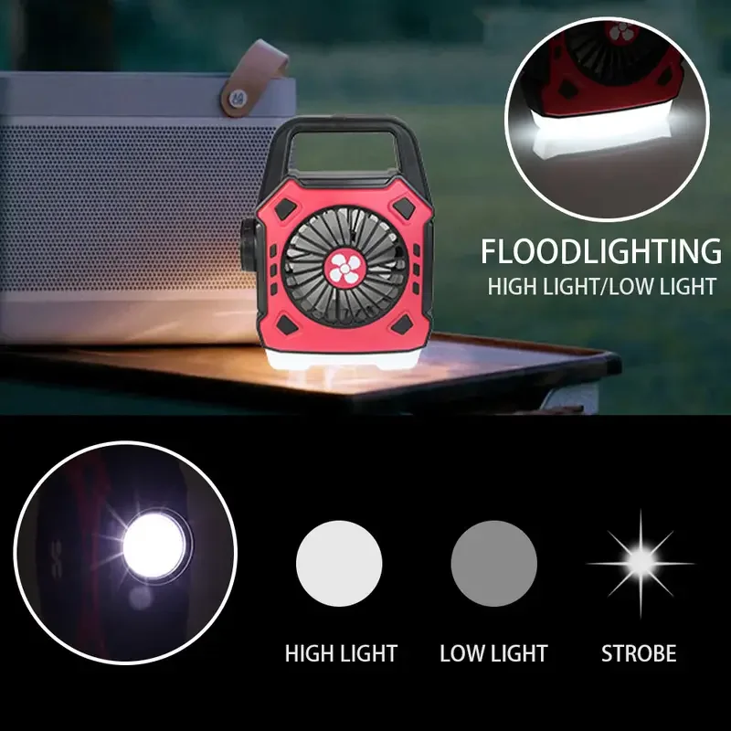 [مروحة تخييم LED محمولة 2 في 1] مصباح مروحة تخييم LED محمول، قابل لإعادة الشحن عبر USB، مصباح بمقبض خارجي للمكتب والحفلات وال Fi