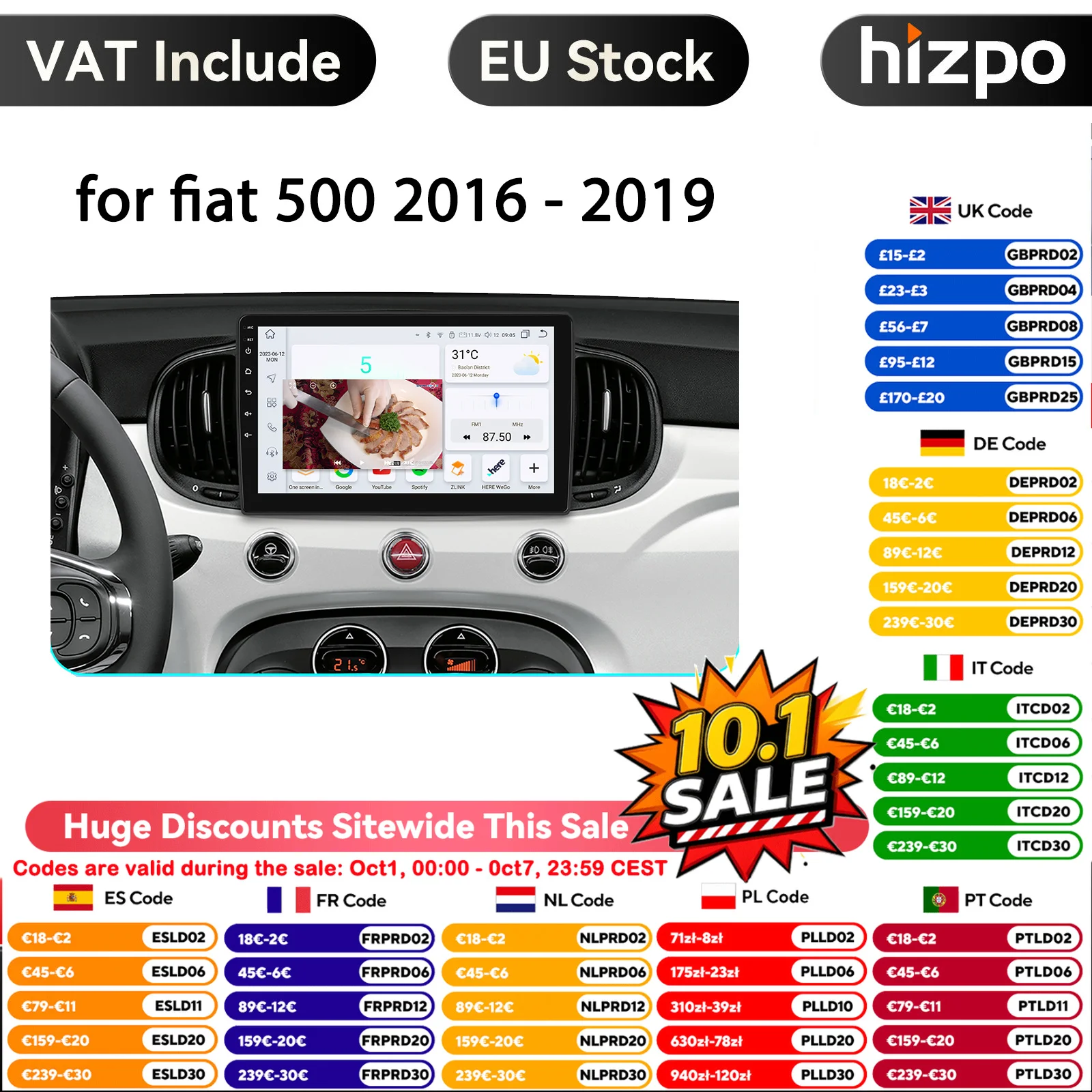 Hizpo 9 ''Wireless Carplay Android Auto Car Multimedia Player per Fiat 500 2016 2017 2018 2019 Carplay 4G Autoradio 360 ° fotocamera