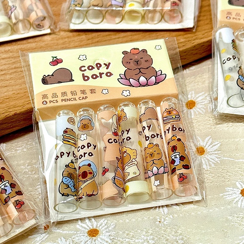 6pcs Pack Capybara Pencil Cap For Pupil Transparent Protects Pencil Tip Japanese Kawaii Stationery Cute Stuff Back To School